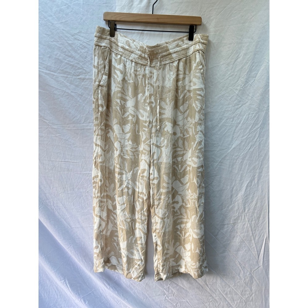 prAna Wide Leg Crop Pants Beige White Floral Print Elastic Waist Drawstring XL